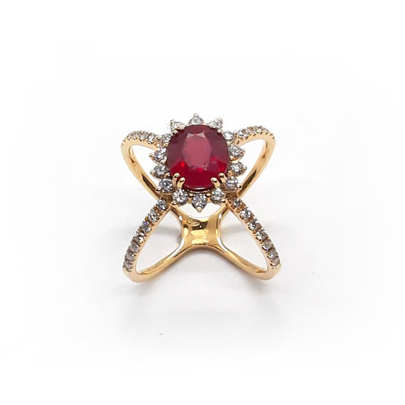 Anello "Ruby Crossover" in oro, diamanti e rubino