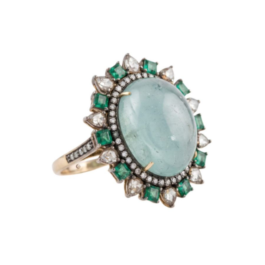 Anello "Aurora Blu" con acquamarina, smeraldi e diamanti