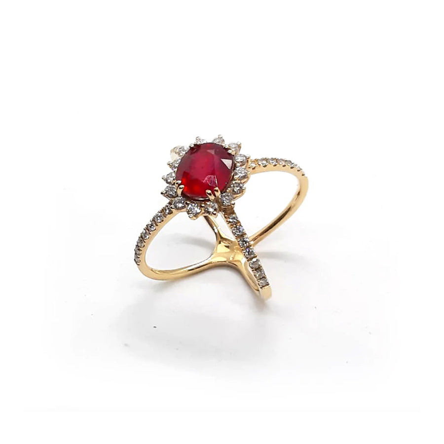 Anello "Ruby Crossover" in oro, diamanti e rubino