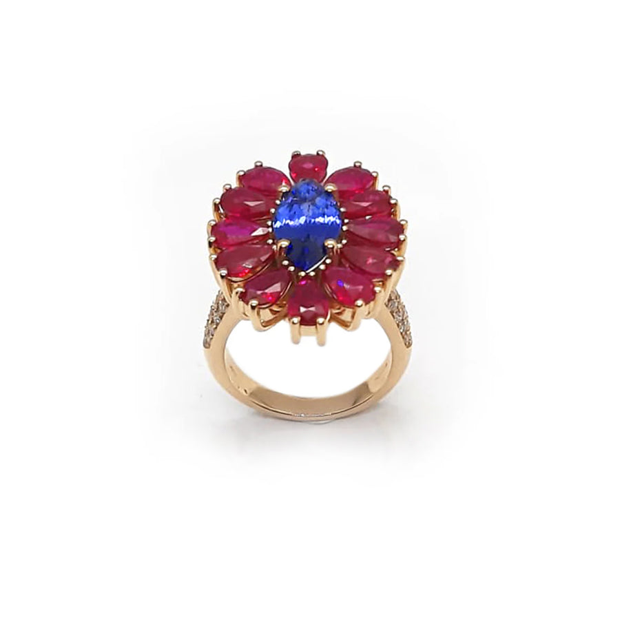Anello in oro rosa, tanzanite e rubini