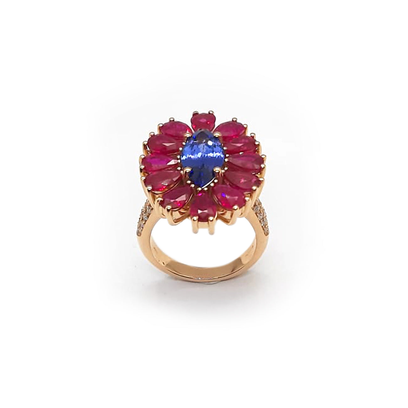 Anello in oro rosa, tanzanite e rubini