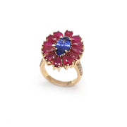Anello in oro rosa, tanzanite e rubini