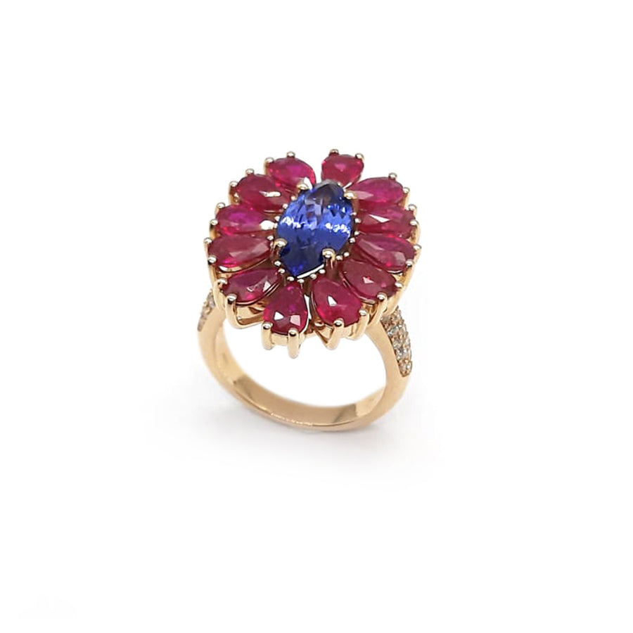 Anello in oro rosa, tanzanite e rubini