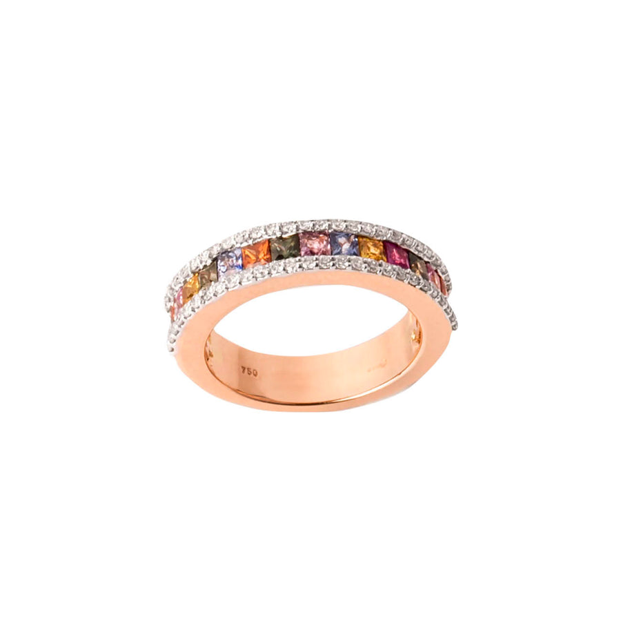 Anello veretta in oro con zaffiri colore e diamanti
