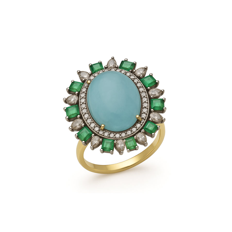 Anello "Aurora Blu" con acquamarina, smeraldi e diamanti icy
